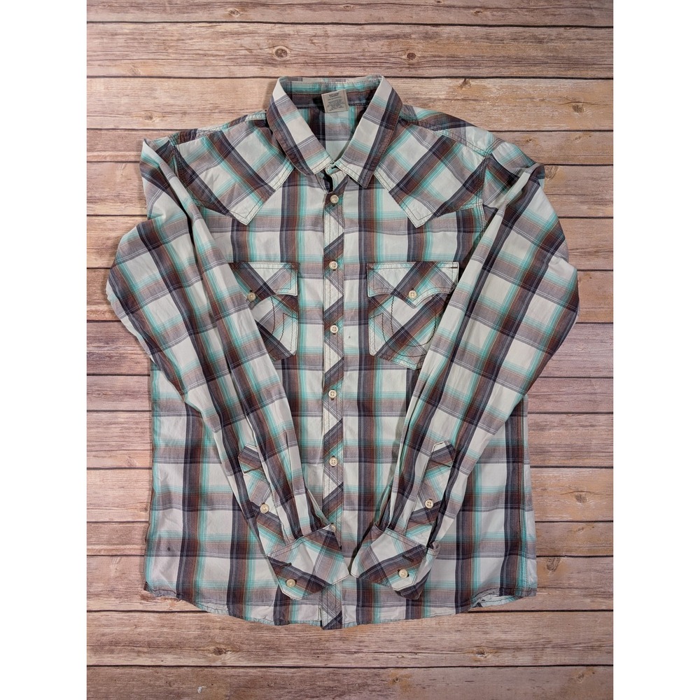 True Religion Western Plaid Shirt Mens L Cotton Teal Brown Horseshoe Pockets